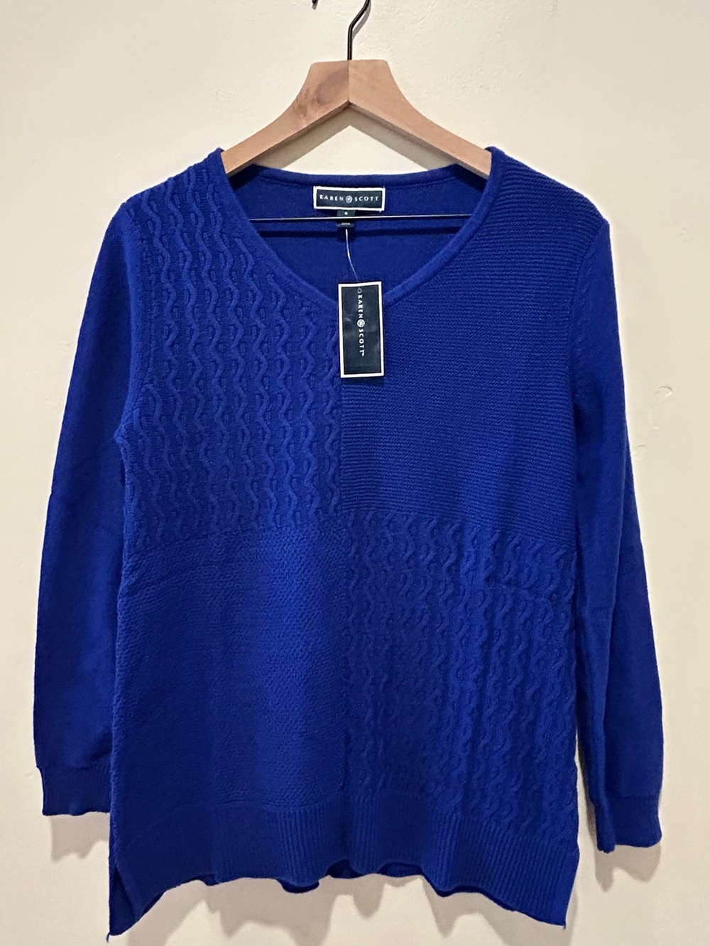 NWT Karen Scott Bright Blue Mixed Knit Textured Long Sweater - Women’s Small